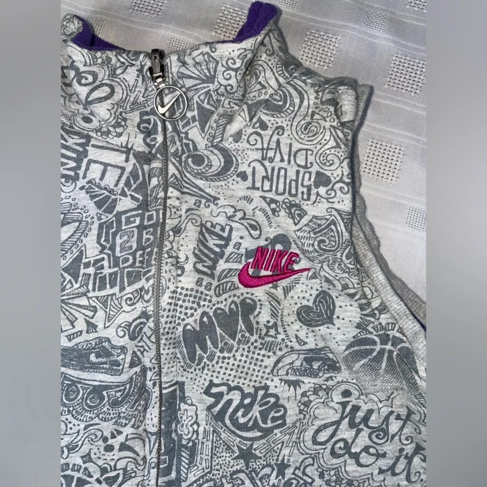 Nike Reversible Vest Girls 6X Purple Fleece Gray Doodle Full Zip Logo